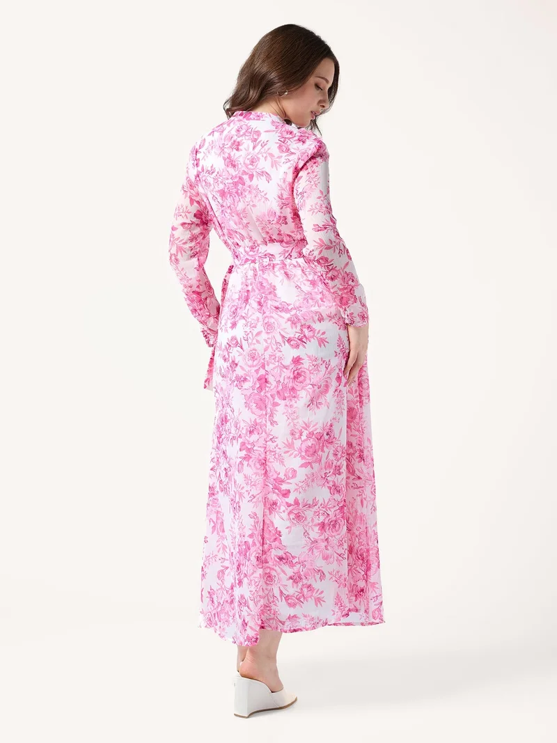 Outzidr  Pink Printed Flared Dress With Halter Neck With Belt Detail for Women | Best Price UAE